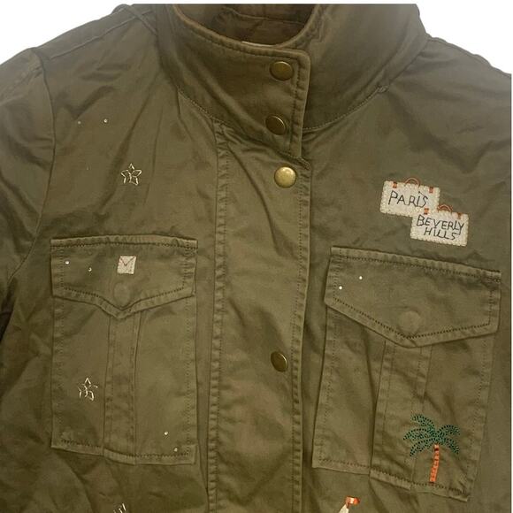 Joie Army Jacket XS Olive Green Hood Embroidered Zip Snap Close Military Womens - Picture 3 of 9